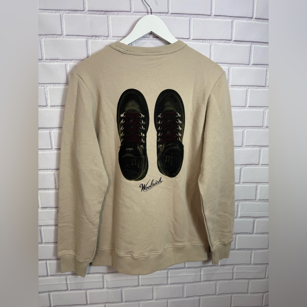 Woolrich Graphic 100% Crewneck Sweatshirt Boots Print Beige Size S - Picture 8 of 12